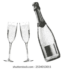 Botella de champán y copas de vino con el efecto de una fotocopia de puntos vintage. Vector retro.