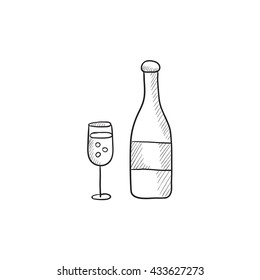 Bottle of champaign and glass vector sketch icon isolated on background. Hand drawn Bottle of champaign and glass icon. Bottle of champaign and glass sketch icon for infographic, website or app.