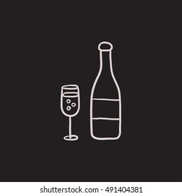 Bottle of champaign and glass vector sketch icon isolated on background. Hand drawn Bottle of champaign and glass icon. Bottle of champaign and glass sketch icon for infographic, website or app.