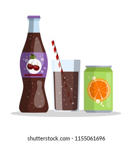 Bottle with cherry cola and aluminum can of orange juice. Isolated vector flat illustration