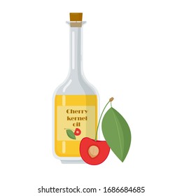 Bottle with cherry kernel oil isolated on white background. Natural ingredient for aromatherapy and skin care. Organic liquid flat vector illustration.