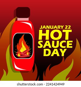 A bottle of chili sauce with bold text and fire illustration on gradient background to celebrate Hot Sauce Day on January 22