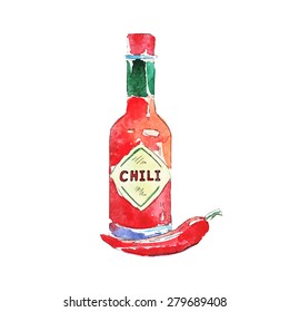 Bottle of chili sauce. Watercolor illustration. vector 