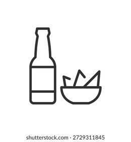 Botella con tazón de chips, icono lineal. Bebida alcohólica y maridaje de bocadillos. Línea con trazo editable.