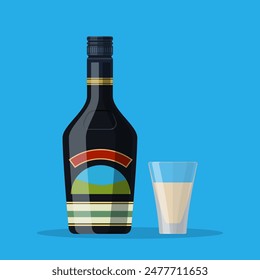 Bottle of chocolate coffee cream liquor and glass with cubes of ice. Liquor alcohol drink. vector illustration in flat style