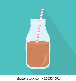 Bottle of chocolate milkshake with straw icon. Flat design. Vector illustration