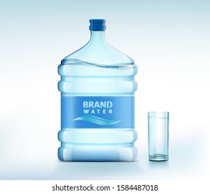 Bottle with clean, fresh water. Glass with a drink. Plastic container for the cooler and dispenser. Vector illustration.