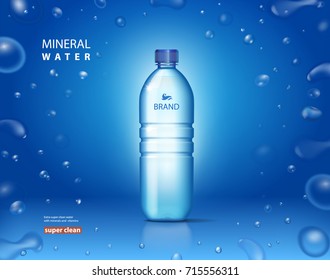 Bottle with clean mineral water. Bubbles on blue background Vector illustration template