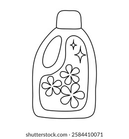 Bottle with cleaning detergent, with flowers, doodle style flat vector outline for coloring book