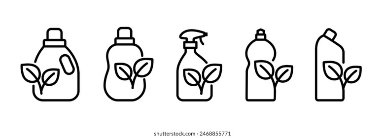 Botella de líquido de limpieza con el icono de contorno de hojas. Símbolo de paquete biodegradable. Ilustración vectorial aislada 