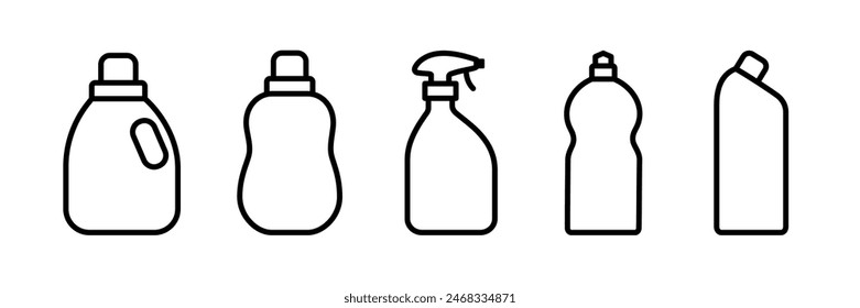  Bottle of cleaning liquid outline icons set. Plastic containers for household chemicals products. Isolated vector illustration 