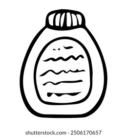 Bottle of cleaning product hand drawn doodle. Liquid soap. Cleaning dirty things at home. Laundry room. Vector outline line art illustration.