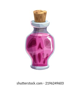 Botella cerrada por corcho con veneno morado aislado. Elixir de magia vectorial, poción tóxica, cráneo de Halloween