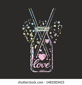 Bottle with a cocktail on a black background with hearts painted with chalk on Valentine's