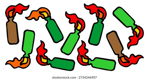 Bottle cocktails with a burning incendiary mixture. Horizontal banner on a white isolated background