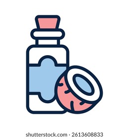 A bottle of coconut oil with a half coconut, ready to use vector