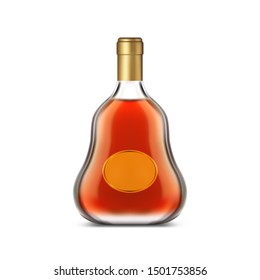 Bottle of cognac with clear label or dark brandy in isolated glassware container. Strong alcoholic beverage or French alcohol drink. Orange booze for bar or pub, restaurant, shop or store promo or ads