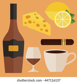 Bottle of cognac, glass, cigar and snacks: coffee, cheese, lemon. Vector illustration in flat style. Set of alcohol elements. Restaurant, bar design or menu item.