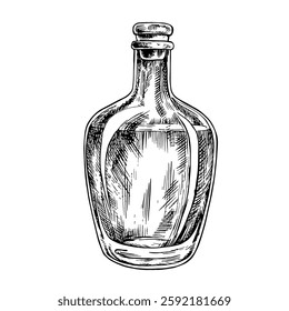 A bottle of cognac. A hand-drawn vector graphic illustration. Black and white image of an alcoholic beverage. Separate from the background. Perfect for menus, banners, flyers, packages, labels.