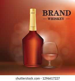 a bottle of cognac or whiskey and a glass in the vector on a blurred bloom background and the inscription brand whiskey