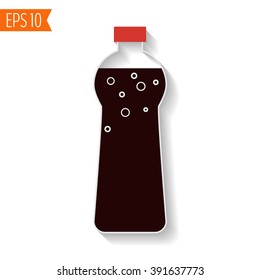 Bottle of cola soda and bubble closeup with shadow isolated on white background. Fast food menu icon. Flat design vector illustration