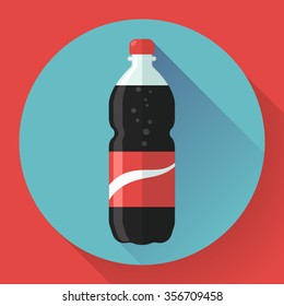 Bottle of cola soda with red lable, vector illustration. Flat designed style.