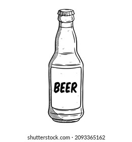 Bottle of cold beer, sketch style vector illustration isolated on white background. Hand drawn frosty bottle of ice cold beer, lager, ale, Oktoberfest symbol