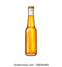 Bottle of cold beer, sketch style vector illustration isolated on white background. Hand drawn frosty bottle of ice cold golden beer, lager, ale, Oktoberfest symbol