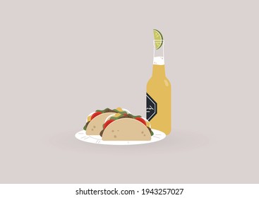 Eine Flasche kaltes leichtes Bier mit einer Scheibe Kalkstein im Inneren und zwei Tacos auf einem Teller, ein traditionelles mexikanisches Straßenkost mit Fleisch und Gemüse