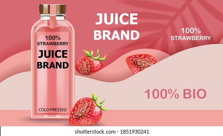 Bottle of cold pressed BIO juice with strawberries and pink waves in background. Realistic 3D mockup product placement. Vector