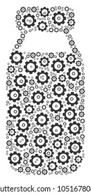 Bottle collage of cog wheels. Vector gear components are grouped into bottle illustration.
