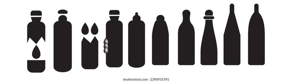 Icono de colección de botellas - silueta vectorial.diseño de vectores de ícono blanco y negro de botella.conjunto de botellas de vino gloso negro con resaltado