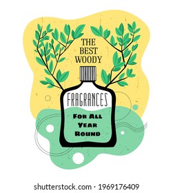 A bottle of cologne with perfume for men with woody smell. Kraft background with tree and branch elements. There is blank space for text or brand name. Vector illustration. For banner, logo, poster.