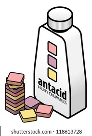 A Bottle And Colourful Fruit Flavoured Chewable Tablets Of Antacid.