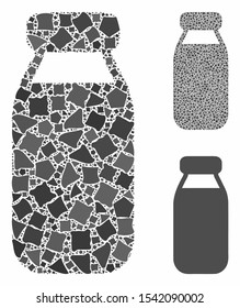 Bottle composition of irregular items in different sizes and color hues, based on bottle icon. Vector irregular parts are grouped into composition. Bottle icons collage with dotted pattern.