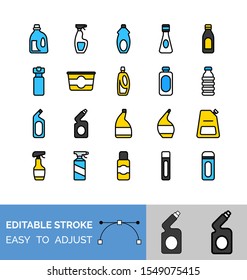 Bottle and container about cleaning and detergent. vector icon set, editable stroke