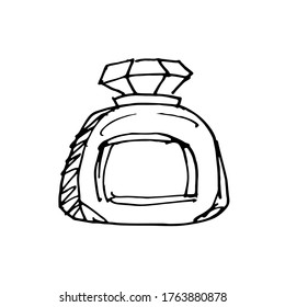 Bottle from a container with a lid for cosmetics or other liquids. Quick sketch with ink and pen. Vector illustration of a single object with black lines on a white background.