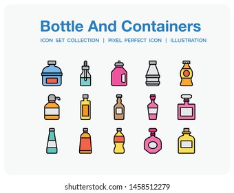 Bottle And Containers Icons Set. UI Pixel Perfect Well-crafted Vector Thin Line Icons. The illustrations are a vector.