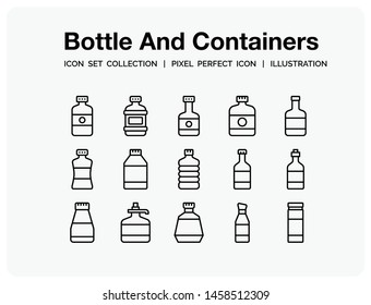 Bottle And Containers Icons Set. UI Pixel Perfect Well-crafted Vector Thin Line Icons. The illustrations are a vector.