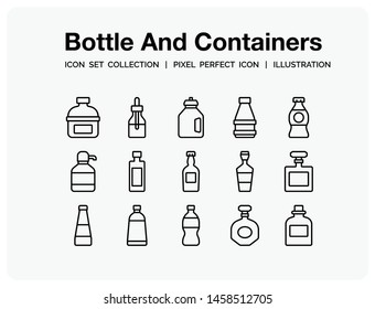 Bottle And Containers Icons Set. UI Pixel Perfect Well-crafted Vector Thin Line Icons. The illustrations are a vector.