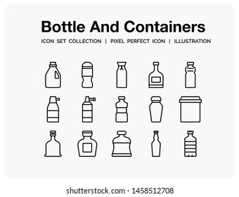 Bottle And Containers Icons Set. UI Pixel Perfect Well-crafted Vector Thin Line Icons. The illustrations are a vector.