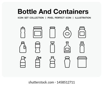 Bottle And Containers Icons Set. UI Pixel Perfect Well-crafted Vector Thin Line Icons. The illustrations are a vector.