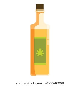 Botella que contiene aceite de cbd, con un logotipo de hoja de marihuana en la etiqueta y una tapa de corcho