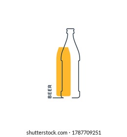 Bottle continuous line beer in linear style on white background. Black thin outline and yellow fill. Modern flat style graphic design. Logo element illustration. Contour drink symbol. Vector.
