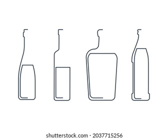 Botella de cerveza de línea continua, vodka, licor y vino en un estilo lineal sobre fondo blanco. Grosor fino negro sólido. Diseño gráfico moderno de estilo plano. Ilustración del elemento de logotipo. Símbolo de bebida de contorno.