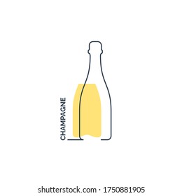Bottle continuous line champagne in linear style on white background. Black thin outline and yellow fill. Modern flat style graphic design. Logo element illustration. Contour drink symbol. Vector.