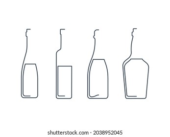 Botella de champán de línea continua, vodka, whisky y vino de estilo lineal con fondo blanco. Grosor fino negro sólido. Diseño gráfico moderno de estilo plano. Ilustración del elemento de logotipo. Icono de bebida de contorno