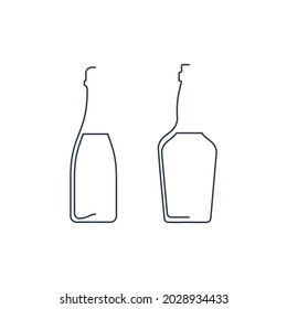 Bottle continuous line champagne and whiskey in linear style on white background. Solid black thin outline. Modern flat style graphic design. Logo element illustration. Contour drink symbol. Vector.
