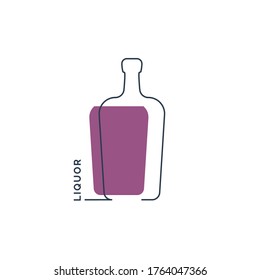 Frasco de licor de línea continua en un estilo lineal sobre fondo blanco. Borde fino negro y relleno de color. Diseño gráfico moderno de estilo plano. Ilustración del elemento de logotipo. Símbolo de bebida de contorno. Vector.
