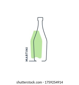 Bottle continuous line martini in linear style on white background. Black thin outline and green fill. Modern flat style graphic design. Logo element illustration. Contour drink symbol. Vector.
